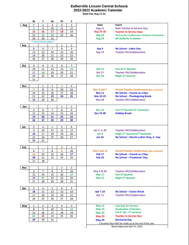 Academic Calendar Estherville Lincoln Central Community School District